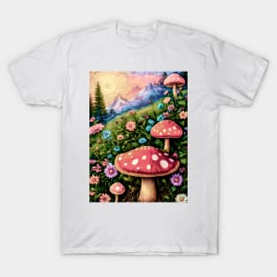 Hippy Trippy Red Mushrooms in The Meadow by Free Spirits & Hippies T-Shirt